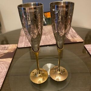 Luxurious Silver and Gold Etched Champagne Flutes